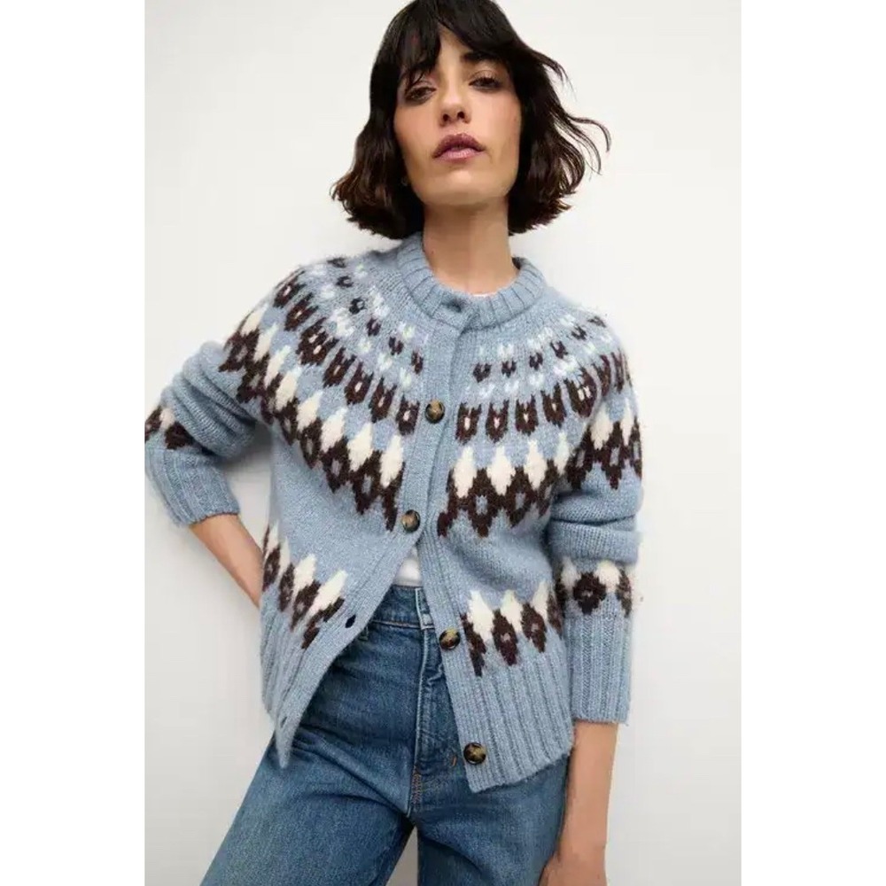 Veronica Beard Christina Fair Isle Alpaca Cardigan Blue Size Small